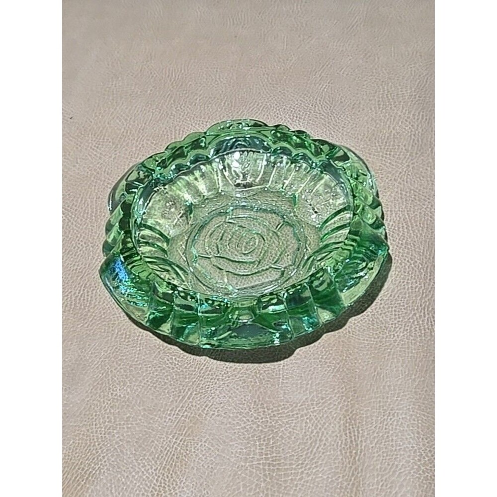 Vintage Rose Print Hazel Atlas Lime Green Tiara Glass Style Ashtray 60s